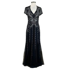 Adrianna Papell Women's Formal Dress Size 6 Blue Beaded Cut Out Back Long Gown