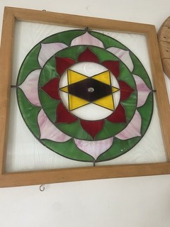 Stained Glass Large Round Glass Window Triangles Central Stone Framed