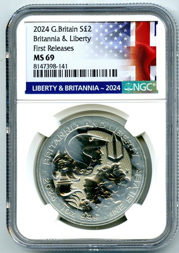 2024 GREAT BRITAIN 1OZ SILVER NGC MS69 BRITANNIA & LIBERTY FR - HEAVY WHITE HAZE
