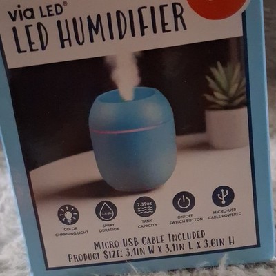 via LED Mini Ultrasonic Humidifier Color Changing Light Blue Micro-USB 7.39oz