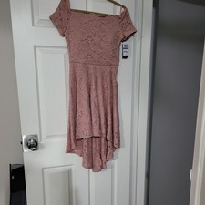 Macy's City Studio Pink Floral Lace Off-Shoulder Hi-Low Fit & Flare Jr 9 Glitter