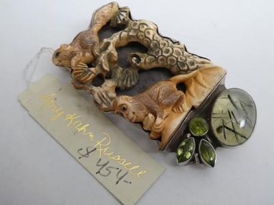 AMY KAHN RUSSELL AKR Carved Monkey & Squirrel Peridot & Quartz Pendant 