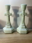 Set Vintage Westmoreland Milk Glass Crucifix Taper Candlesticks 1910's. 9 5/8"