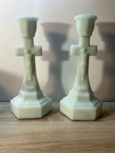 Set Vintage Westmoreland Milk Glass Crucifix Taper Candlesticks 1910's. 9 5/8"