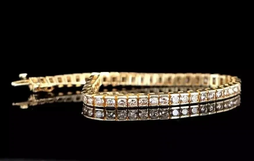 Brazalete tenis diamante champán tratado diamante corte redondo de 3 mm chapado en oro de 14K Foto 3 de 4