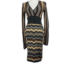 Vestido de punto en U seda cachemir suéter para mujer talla S marrón gris chevron rayas cuello en V