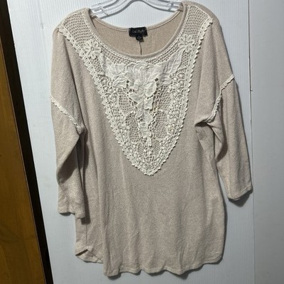 Cal Style  Beige  Lace Pullover Top Scoop Neck 3/4 Sleeves Large Boho Y2K