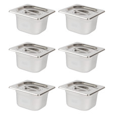 Pack of 6 Stainless Steel 1/6th gastronorm food pans with lids 100mm deep chef
