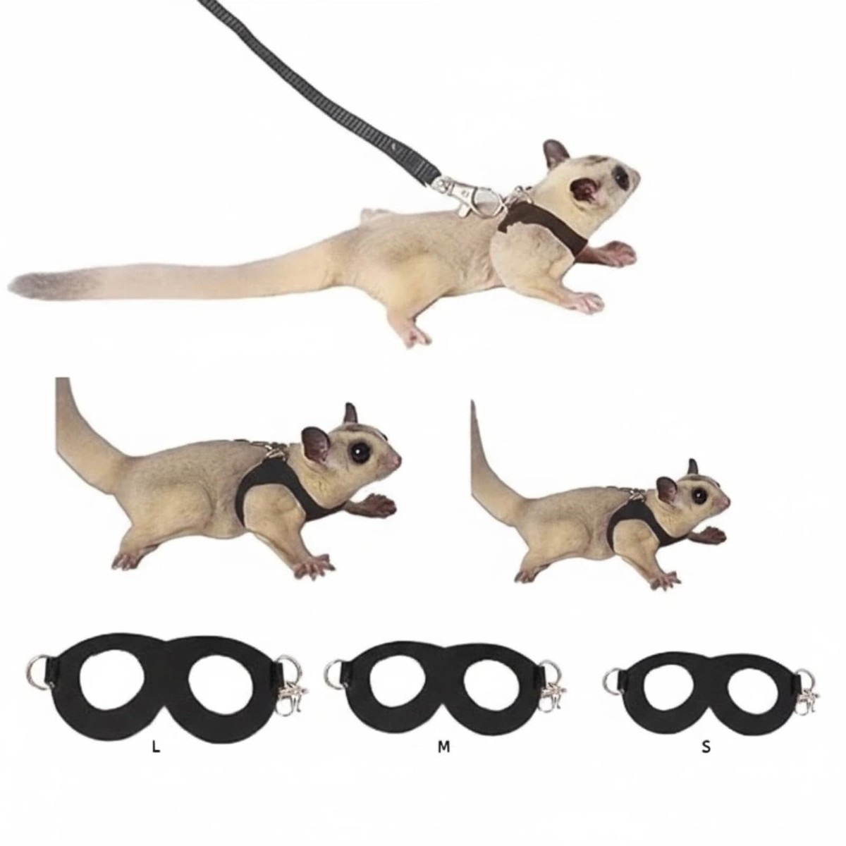 Sugar Glider Harness Leash Set 3 PCS Adjustable Vest Black Small