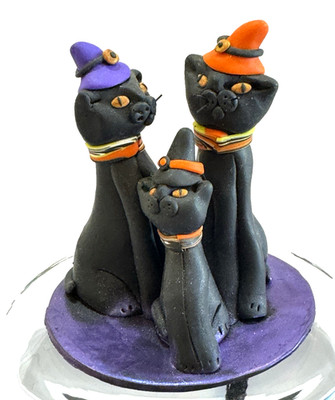 Art Pottery Witch Cat Sculpture Black Cat Family Artist Signed Handmade