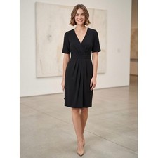 J.Crew Black Pleated V-Neck Faux Wrap Sheath Dress Size 6 Short Sleeve Office