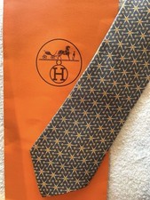New Unused HERMES Neck Tie Gray Orange Stars 100 Silk Made in France