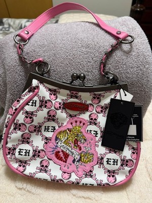 Ed Hardy Boho Purse Pink White & Black + Rhinestones Kiss Lock 19'' Strap