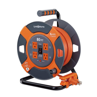 ''Link2Home 80 ft. 14 3 Extension Cord Storage Reel with 4 Grounded Outlets