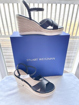 Stuart Weitzman Mykonos Black Leather Braided Strap Wedge