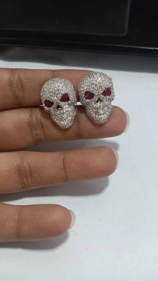 Men's Skull Face Cufflink Lab Created Ruby 2Carat 14k White Gold Plated Silver - Image 2 of 4