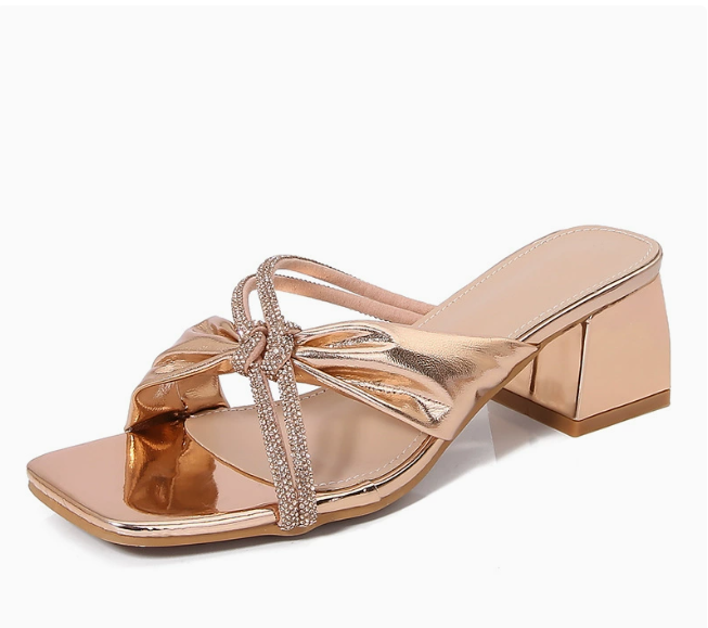 PANTOFOLA D’ORO Scarpe sandalo ciabatte donna chic punta aperta diamante annodato tacco a blocco mules 827