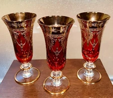 3 Interglass Ruby Red Glass Champagne Flutes 24K Lyre Wreath Swag 7.5”H Italy