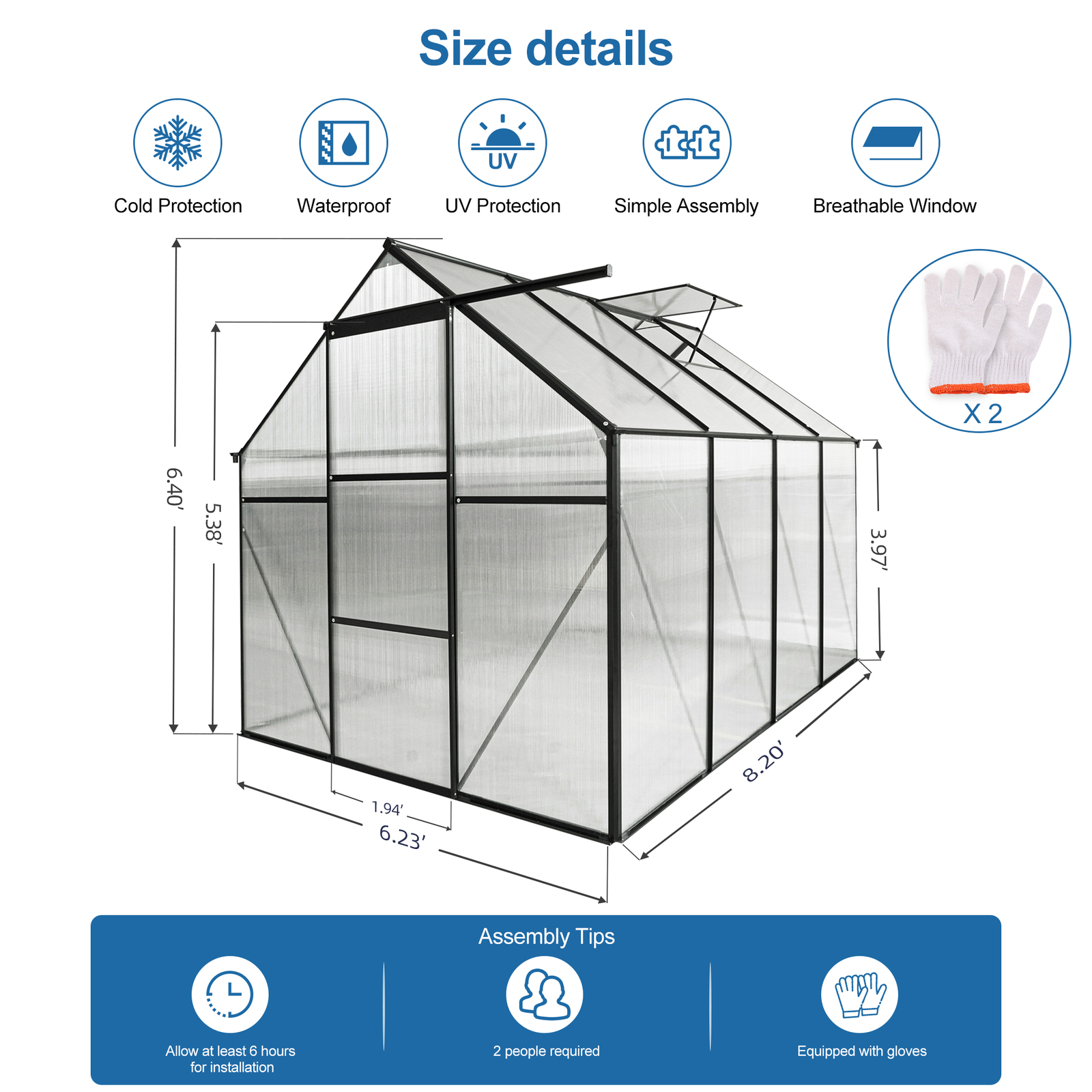 6x8 FT Polycarbonate Greenhouse Raised Base and Anchor Aluminum
