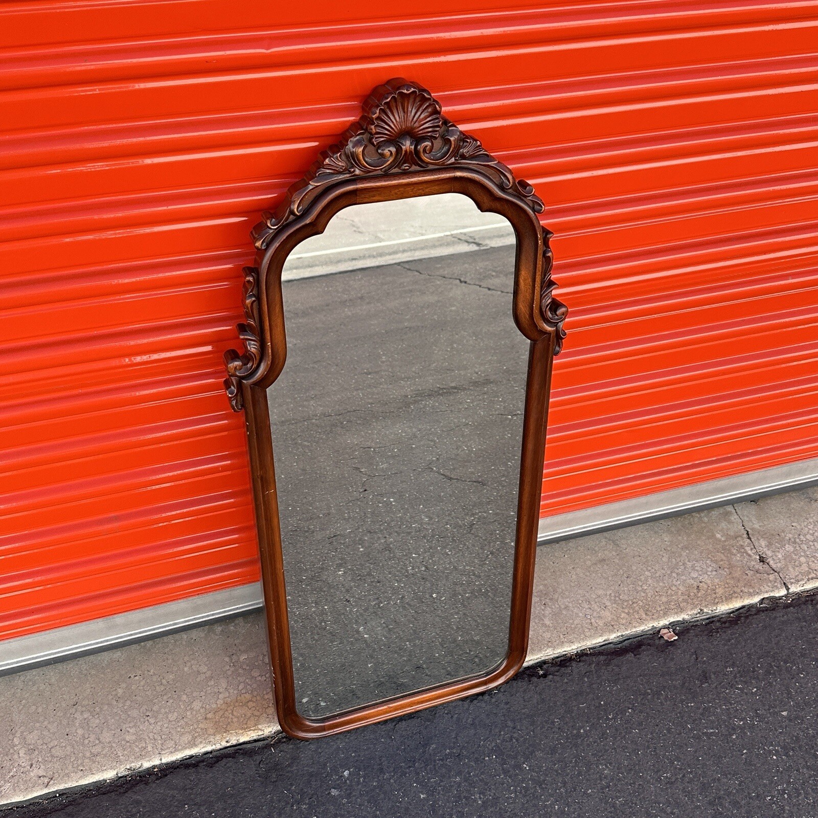 Antique Carved Wood Wall Mirror Scalloped Shell Arched Oval W. F. MFG