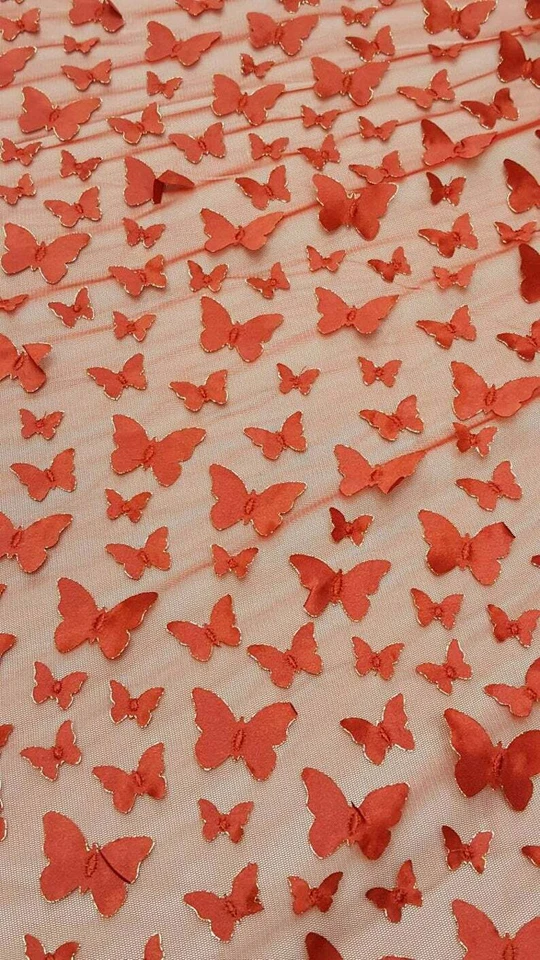 Vestido de quinceañera tela mariposas satinadas 3d encaje bordado rojo por yarda  Foto 4 de 4