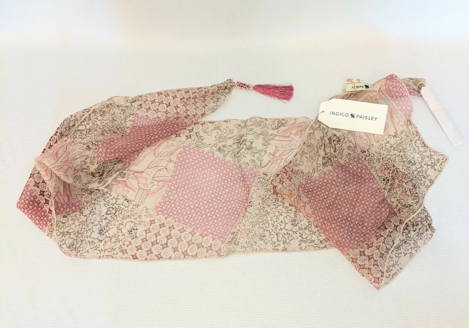 Novo cachecol magro de seda estampado INDIGO PAISLEY Viktoria feito à mão borlas com miçangas - Imagem 2 de 4