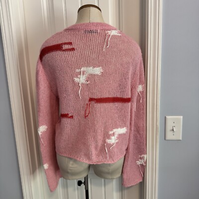 ZARA Large Pink Jacquard Knit Cardigan w/ Contrast Fringe Blogger Fav  Valentine