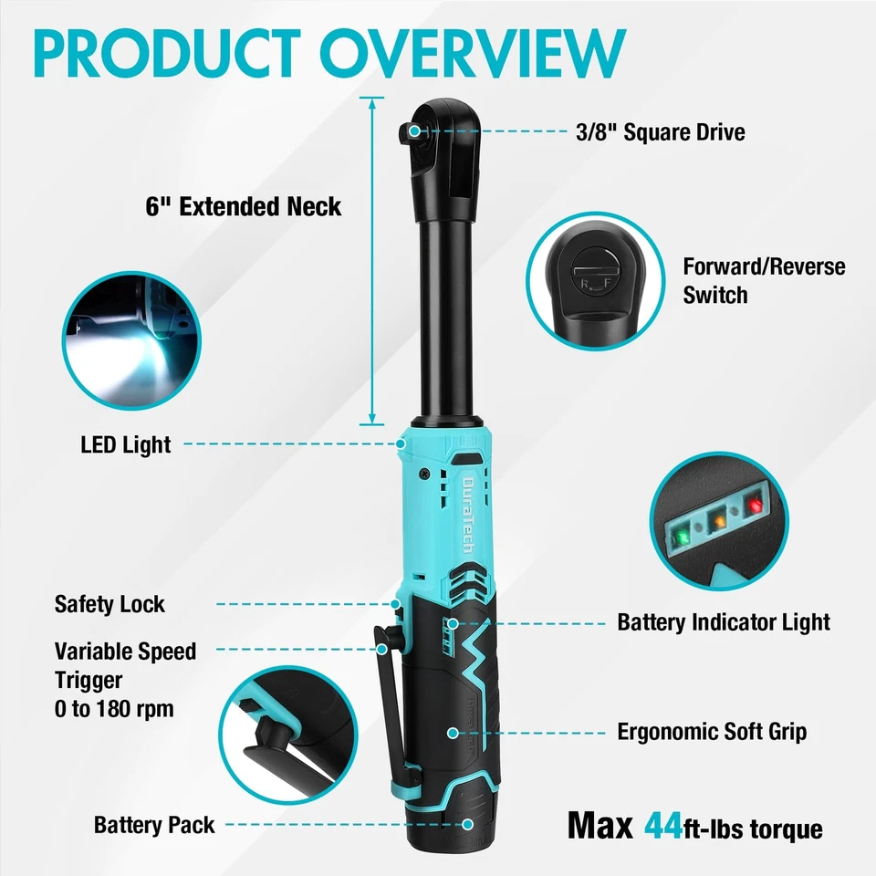 Llave de trinquete eléctrica de cuello largo inalámbrica extendida DURATECH 3/8" 12V 44 ft-lbs Foto 2 de 4