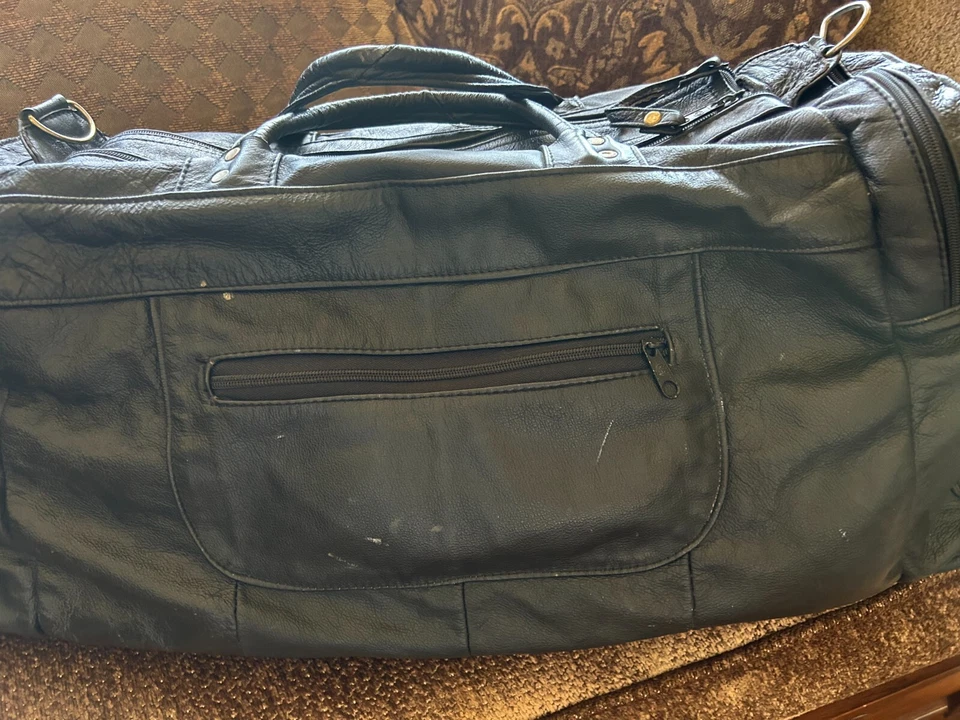 Bolso de Lona Cuero Negro Retazos Viaje Sobre la Cabeza De Colección 27"x12" Hecho en México, $50 Foto 3 de 4