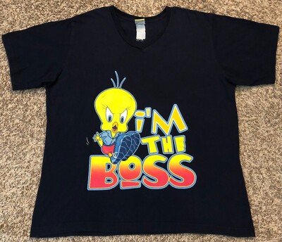 Vintage Looney Tunes Tweety Bird I'm The Boss Women's Navy Blue T-Shirt XXL