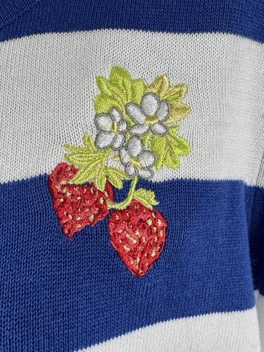 Womens Talbots Cardigan Large Petite Blue White Stripe Embroidered Strawberry - Picture 7 of 7