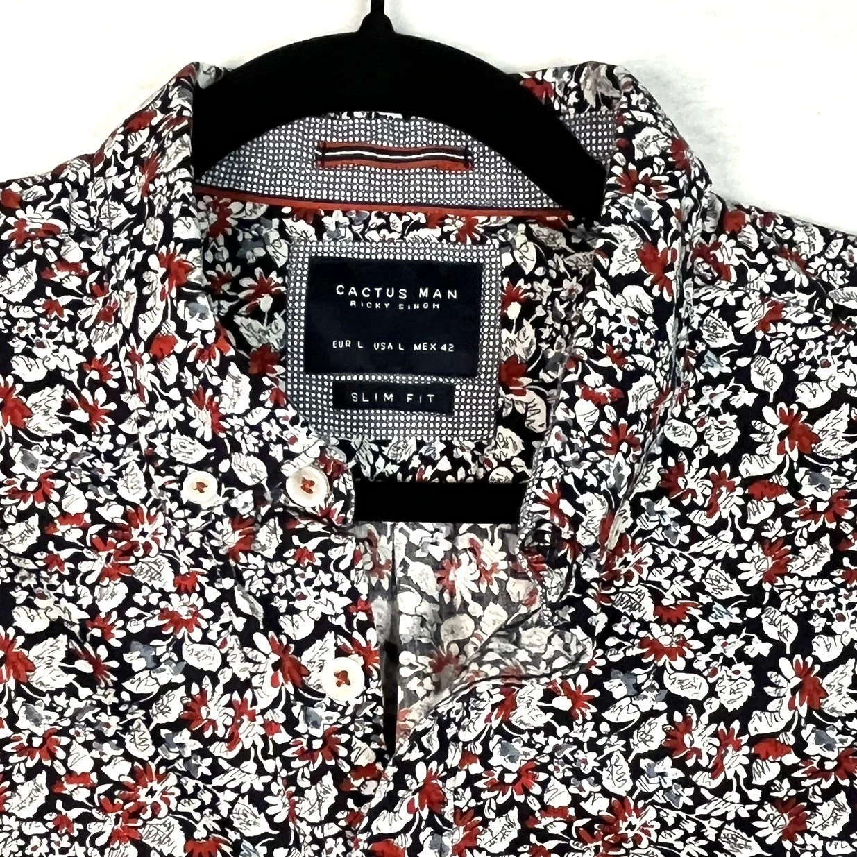 Cactus Man Button Down Shirt Black Red Floral Slim Fit Large