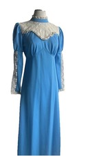 Vintage 70s Union Made Prairie Maxi Dress Blue Lace High Neck Puff Sleeve Boho