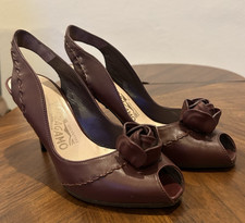 Salvatore Ferragamo Burgundy Leather Slingback Heels Peep Toe Flower Italy Sz 5