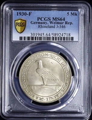 Weimarer Republik 5 Reichsmark 1930 F Rheinland-Räumung PCGS MS64 - Bild 1 von 2