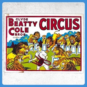 1950s Clyde Beatty Cole Bros Circus Poster 28" CARDBOARD Advertising Sign Lions