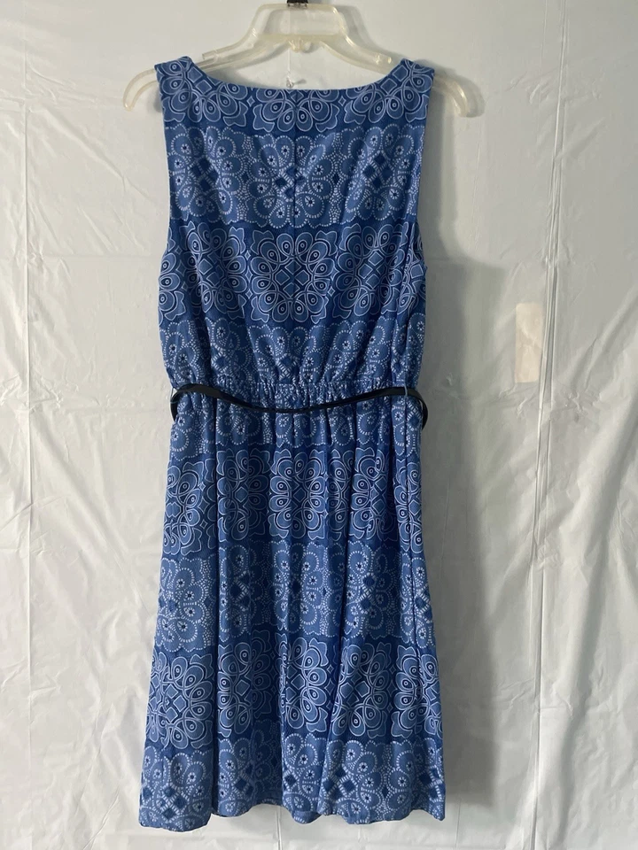 ELLE Women's Size L Belted Fit N Flare Blue Patterned Dress Sleeveless - Image 3 of 4