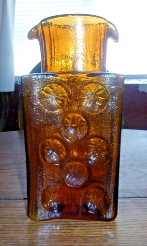 Vtg Blenko Glass Amber Tangerine Joel Myers Pinwheel Double Spout Pitcher 9 1/2”