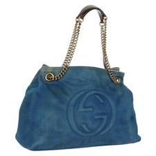 GUCCI Soho Chain Shoulder Bag Canvas Blue Gold 308982 Auth 171460