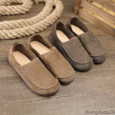 Men's Perforated Genuine Leather Slip On Loafers Breathable Flat Driving Shoes