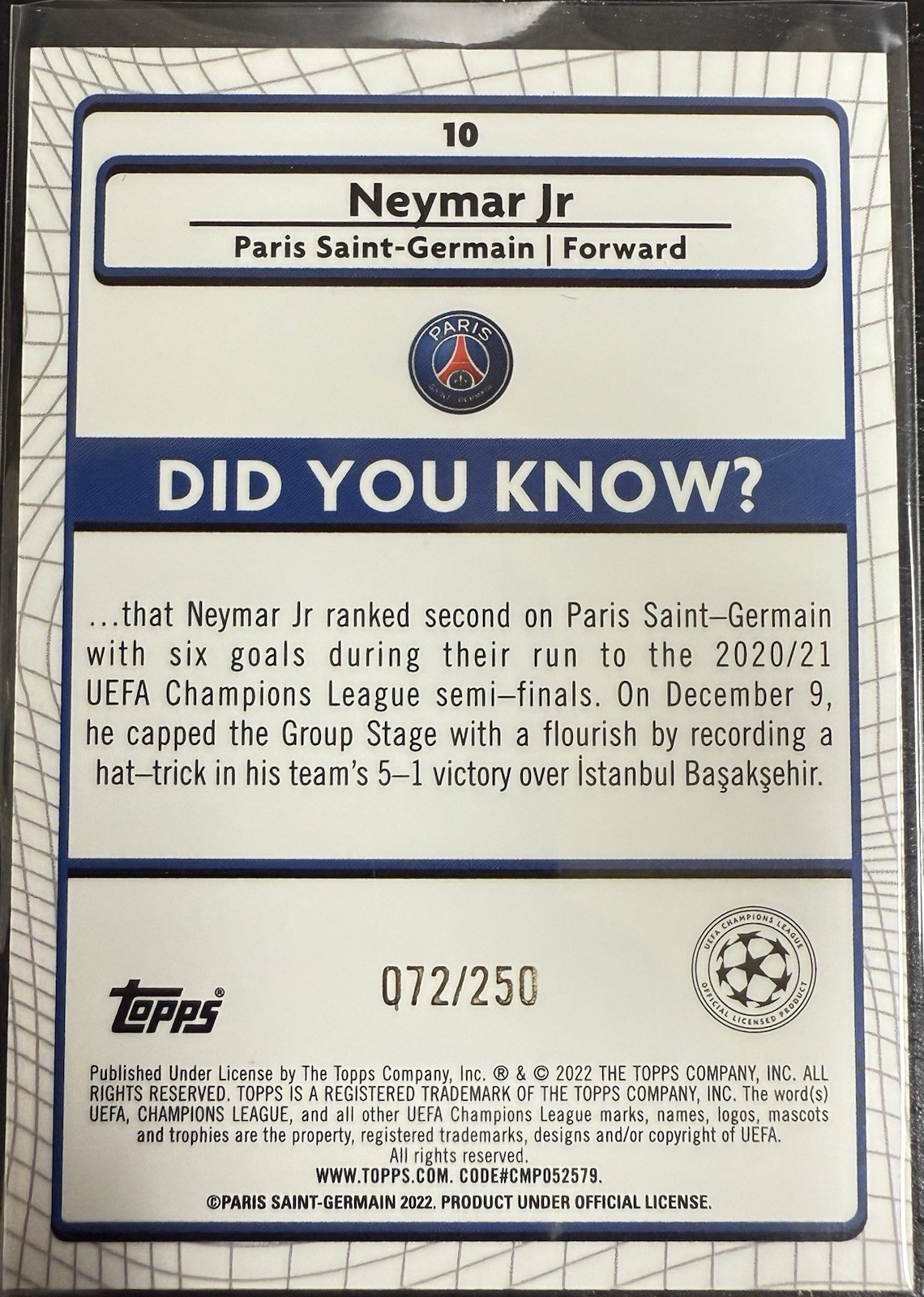 2021-22 Topps Chrome Merlin Neymar Jr Atomic Refractor /250 #10 PSG view 2