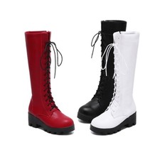Women's Mid Block Heel Knee High Riding Boots Lace Up Shoes Platform Knight Punk