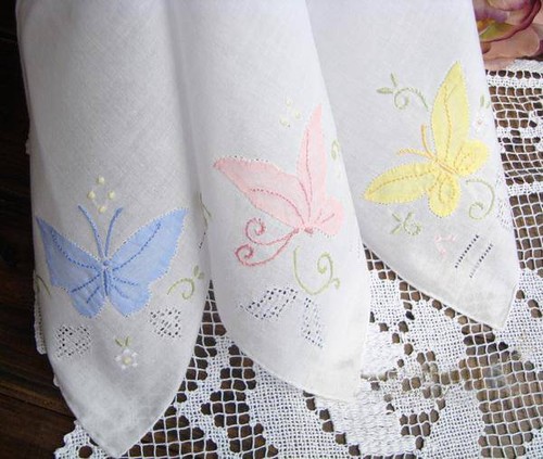 Three Hand Colofrul Applique Butterfly Embroidery Hemstitch White Cotton Napkin - Picture 1 of 1