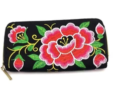 Bright Pink Floral Flower Embroidered Clutch Wallet Zip Around Asian Style