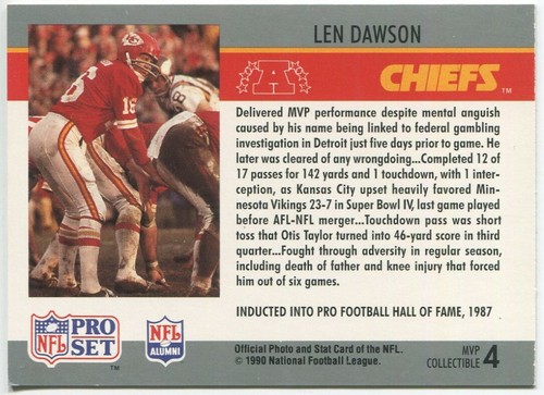1990 Pro Set Super Bowl MVP Inserto #4 Len Dawson Kansas City Chiefs - Foto 2 di 2