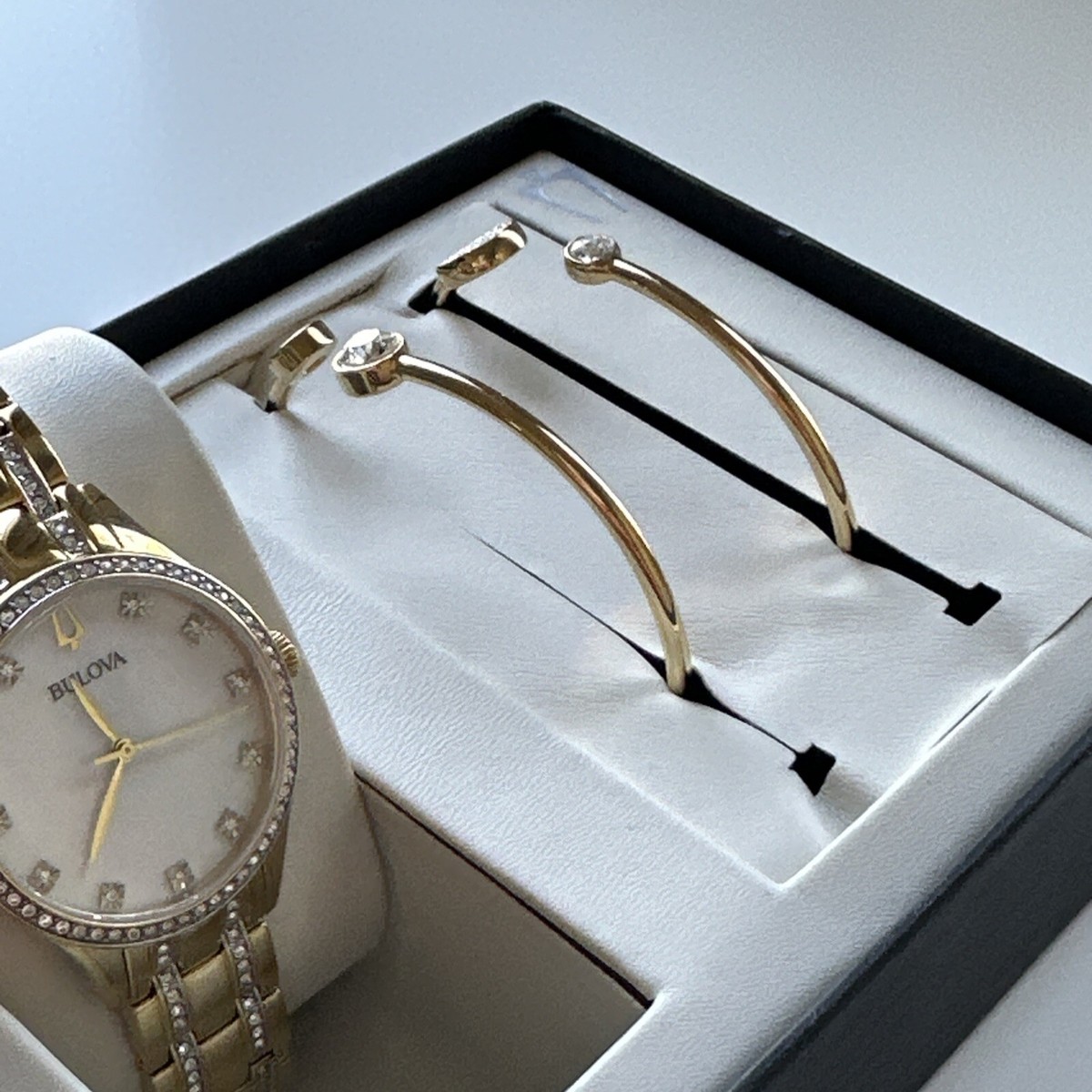 Bulova Box Set with Bangle Bracelets And Crystal Ladies 
