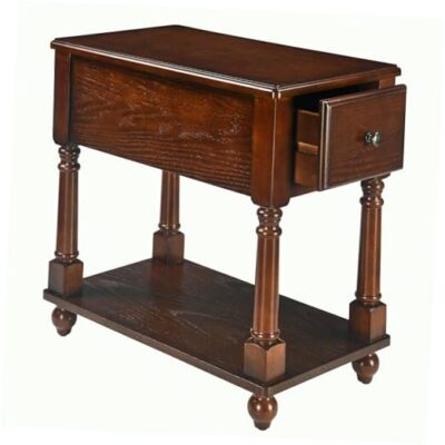 Narrow End Table with Drawer and Open Storage Shelf, Solid Wood Vintage Walnut