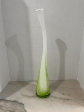 Mid Century Murano Art Glass Vase Stretched Gooseneck Lime Green White Bubbles
