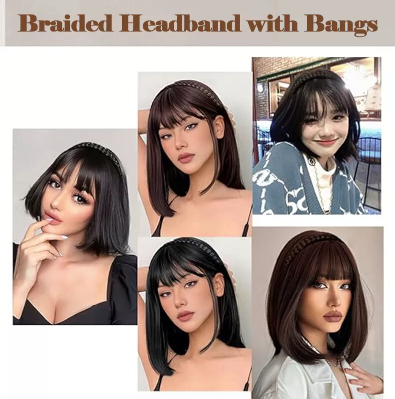 Bangs Hairband Women Girls Fringe Bangs with Braids Headband Hair Extensions - Picture 3 of 14