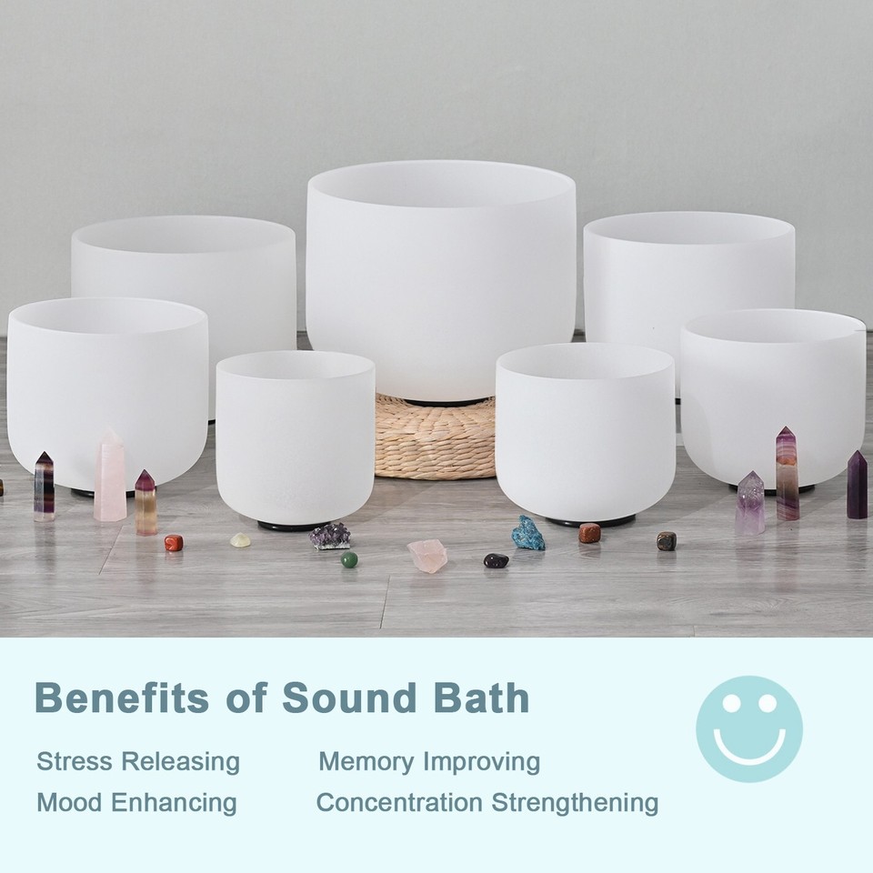 CVNC 432Hz 6-12" 7Pcs White Chakra Frosted Quartz Crystal Singing Bowl ...